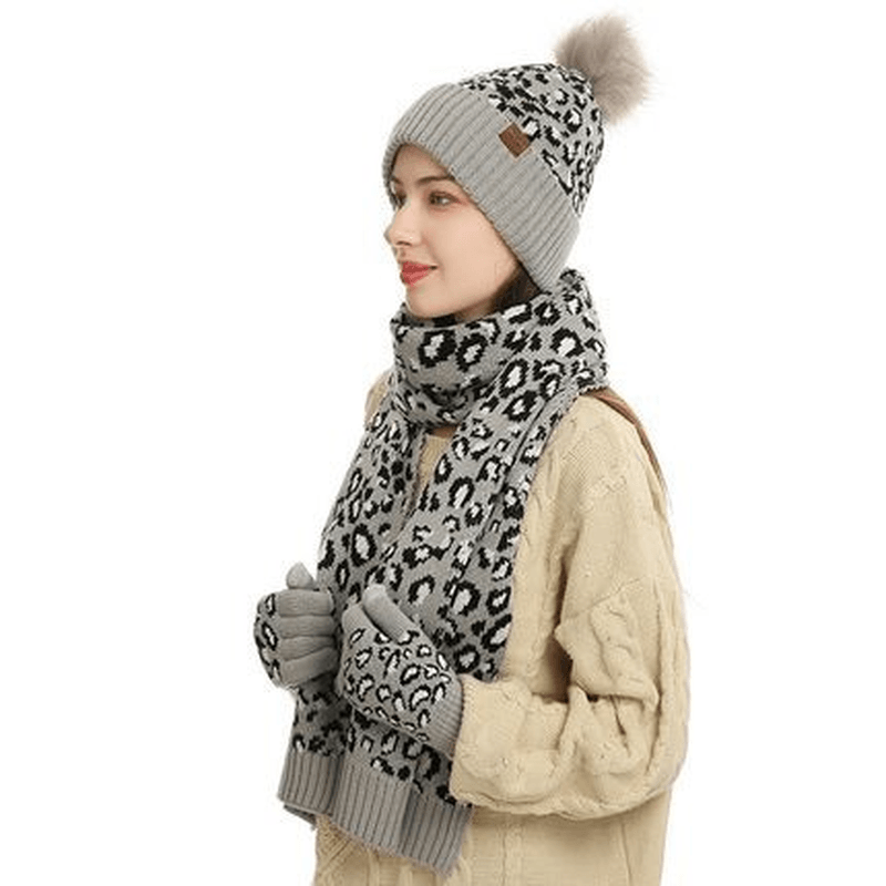 Winter Leopard Print Warm Knitted Wool Hat Scarf Gloves Three Piece Set