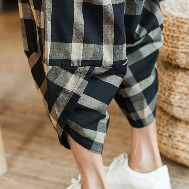 Mens Plaid Cotton Linen Loose Drawstring Calf-Length Casual Harem Pants