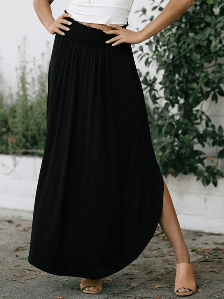 Women Elastic Waist Irregular Hem Side Fork Casual Skirts with Pocket