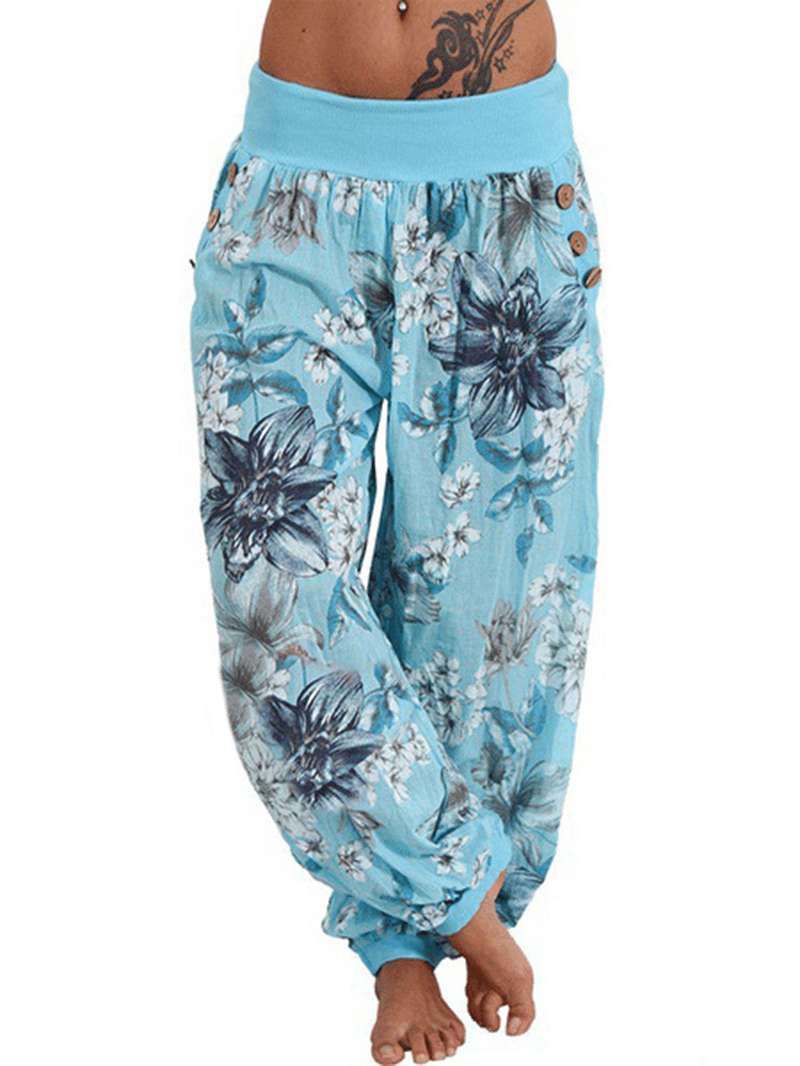 Women Casual Loose Floral Print Button Full Length Pants - MRSLM