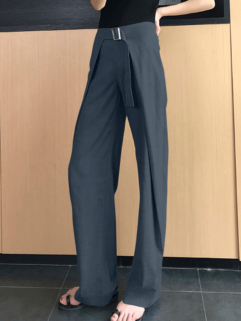 Women Solid Business Zipper Fly High Waist Wide Leg Pants with Buckle