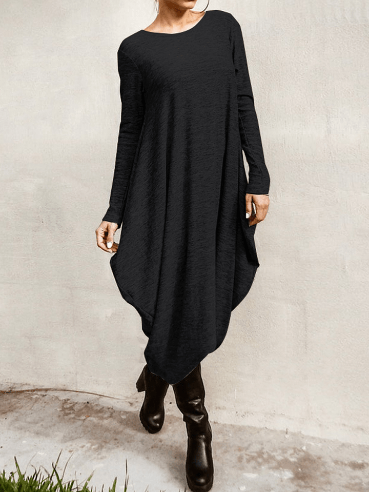 Women's Casual High Low Hem Midi Dress - Loose Fit with Long Sleeves