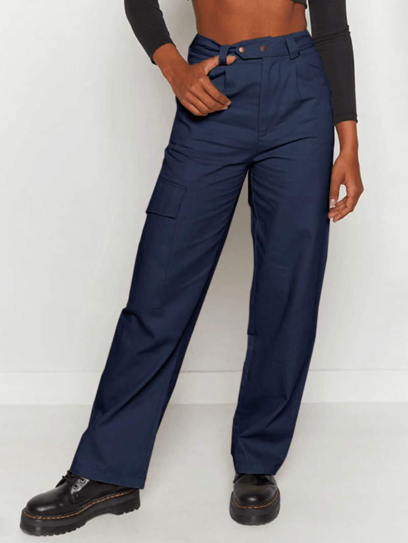 Women Solid Color Mid Waist Casual Straight Cargo Pants with Pockets