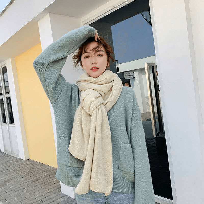 Pure Color Knitted Wool Scarf Women Autumn and Winter