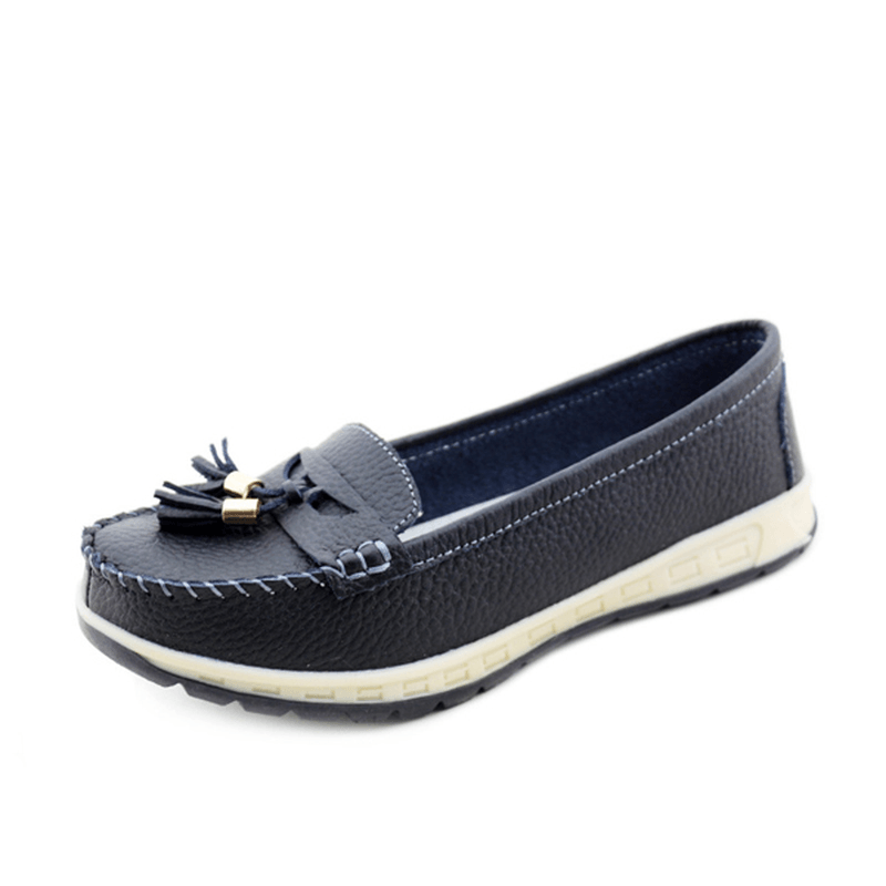 Casual Soft Leather Tassels Flat Shoes Slip on round Toe Loafer Shoes - MRSLM