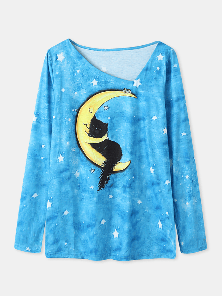 Women Cartoon Cat Starry Sky Print Asymmetrical Neck Casual Long Sleeve Blouses