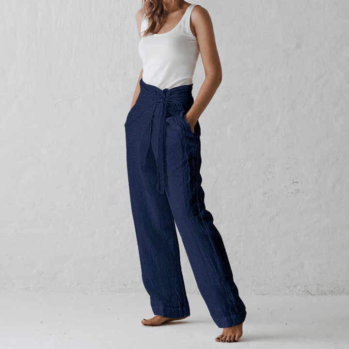 Women Cotton Belted High Waist Casual Wide Leg Harem Pants - MRSLM