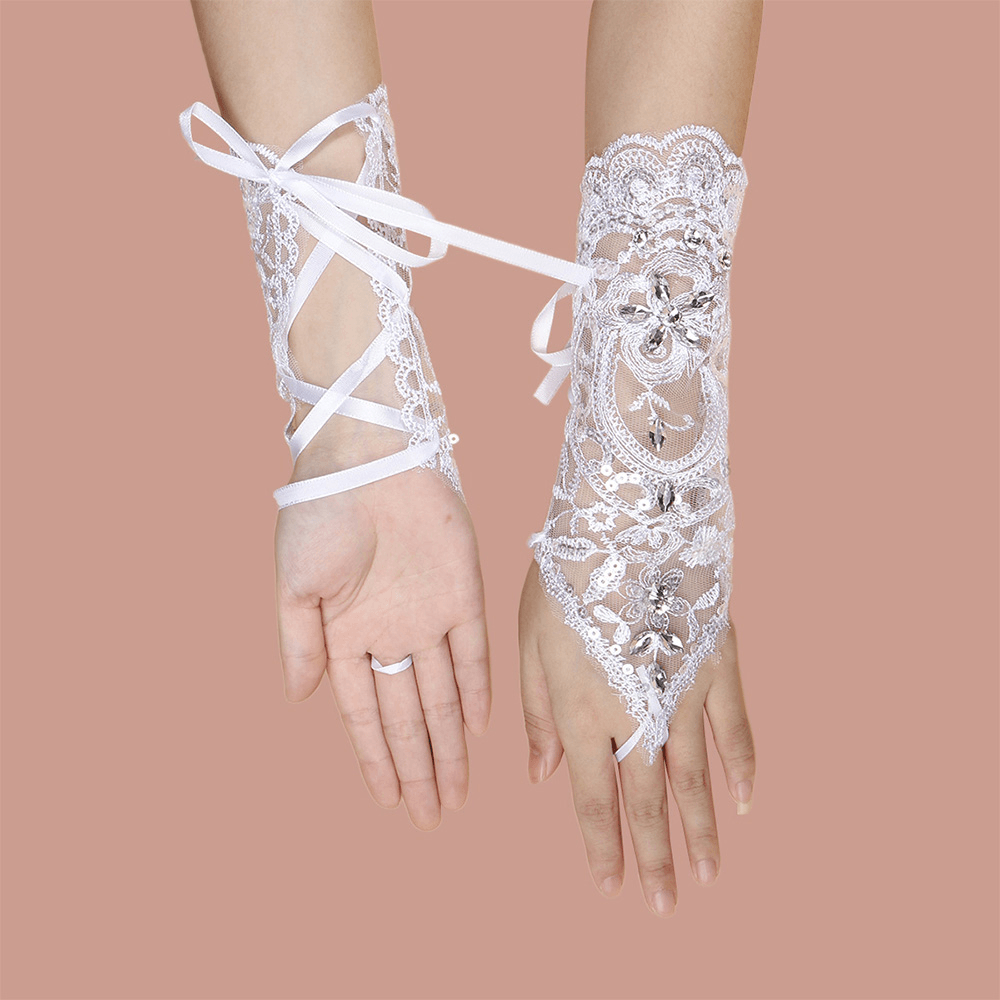 Women Lace Flowers with Rhinestone Bandage Split Finger Gloves Mid-Length Wild Mesh Breathable Sun Protection Sleeves