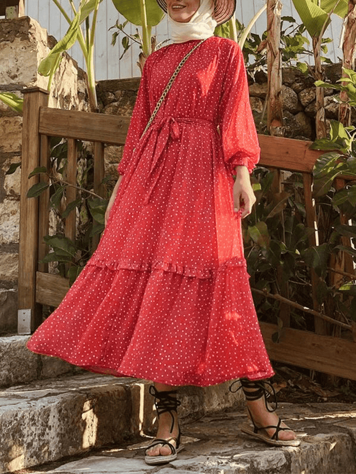 Polka Dot Print Frill Trim Lace up Casual Long Puff Sleeve Maxi Dresses for Women - MRSLM