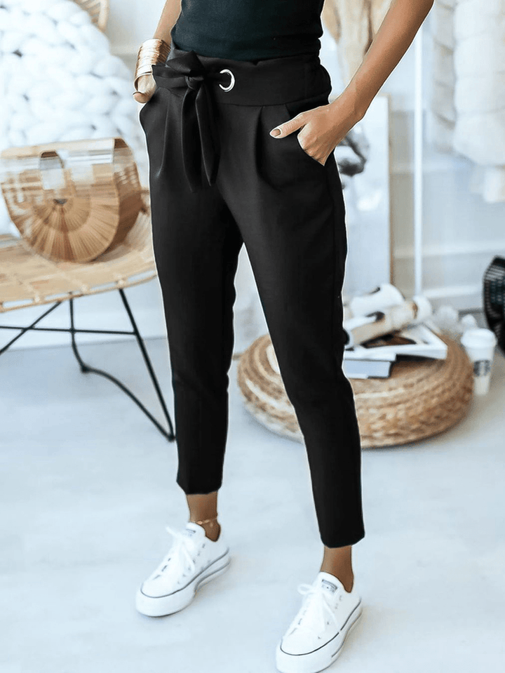 Women Solid Color Lace-Up Pleated Casual Regular Fit Pencil Pants