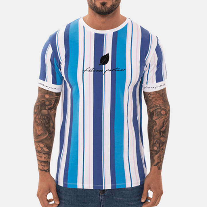 Men Vertical Stripe Short Sleeve Hawaiian T-Shirts