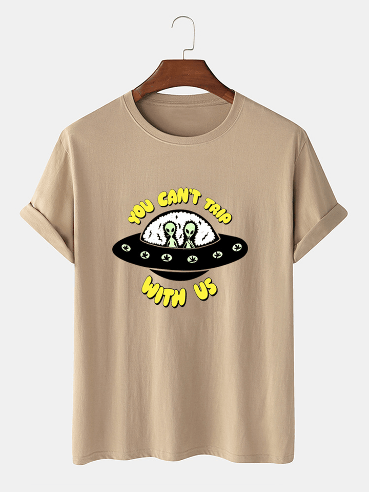 100% Cotton Cartoon UFO & Letter Print Short Sleeve Casual T-Shirts