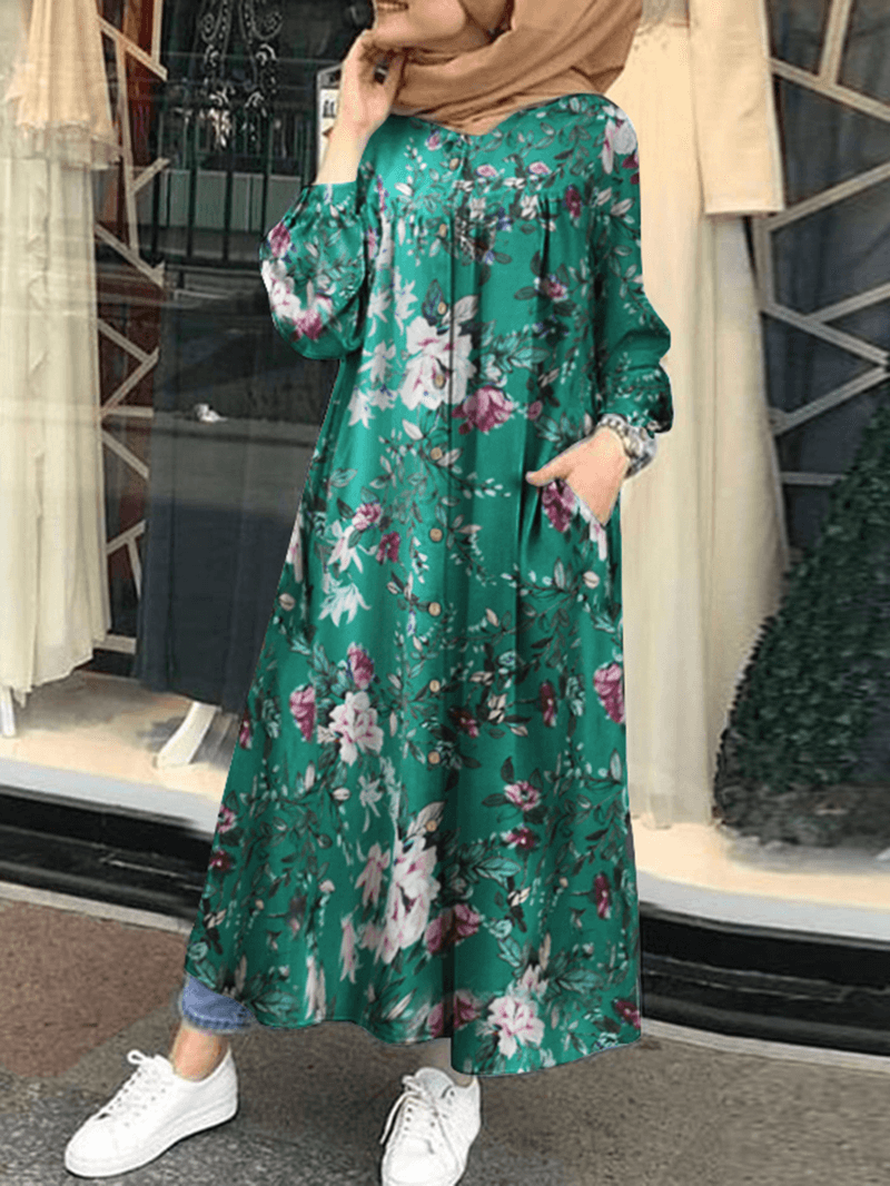 Women 100% Cotton Floral Print Mid-Calf Length Kaftan Maxi Dresses with Side Pocket