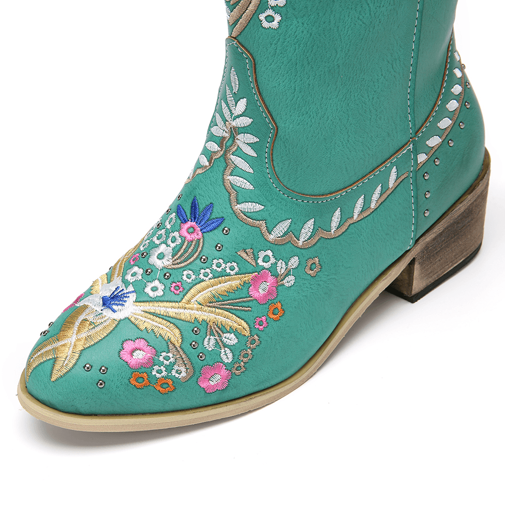 Women Leather Retro Floral Printing Wearable Comfy Slip on Chunky Heel Mid-Calf Cowboy Boots