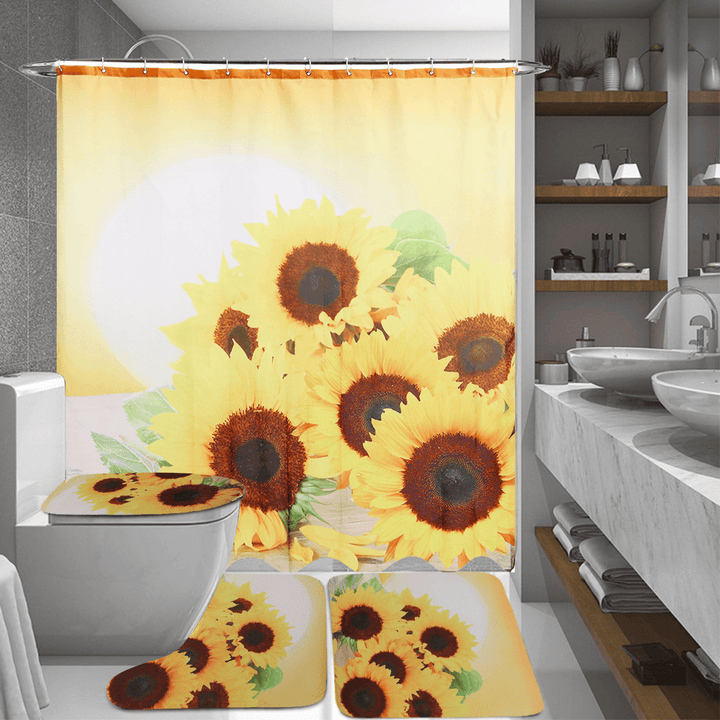 Sunflower Waterproof Shower Curtain Toilet Lid Cover Bathroom Non-Slip Mat Set