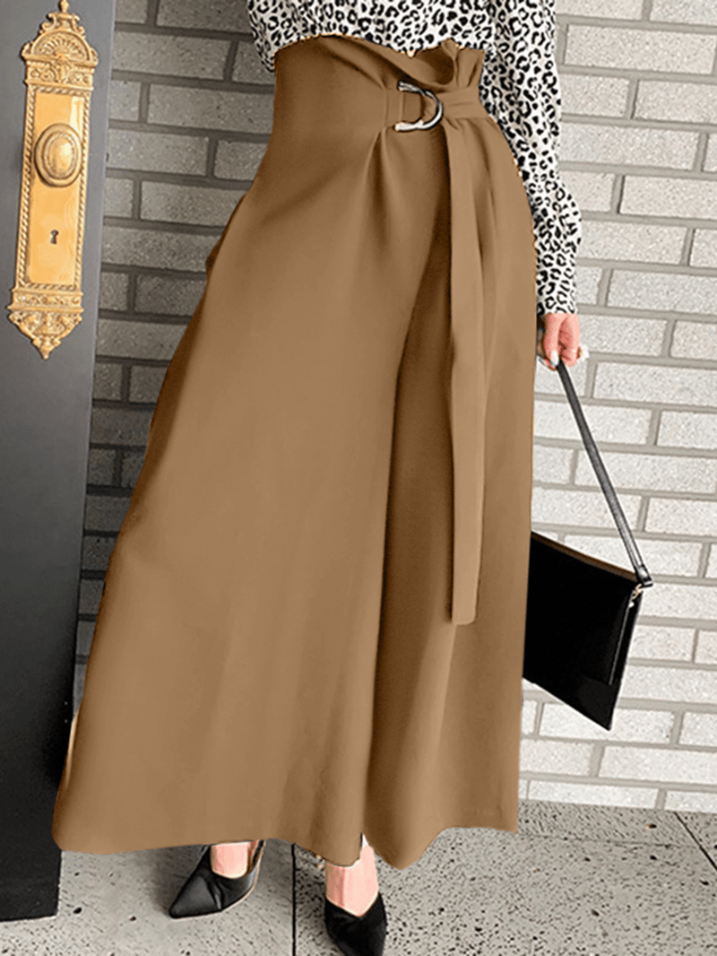 Women Solid Pleats Spliced Wide-Legged Floor Maxi Length Casual Pants