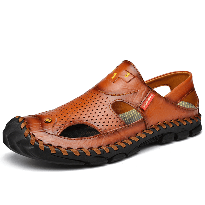 Men'S Leather Casual Breathable Foldable Thick Bottom Outdoor Non-Slip Beach Shoes