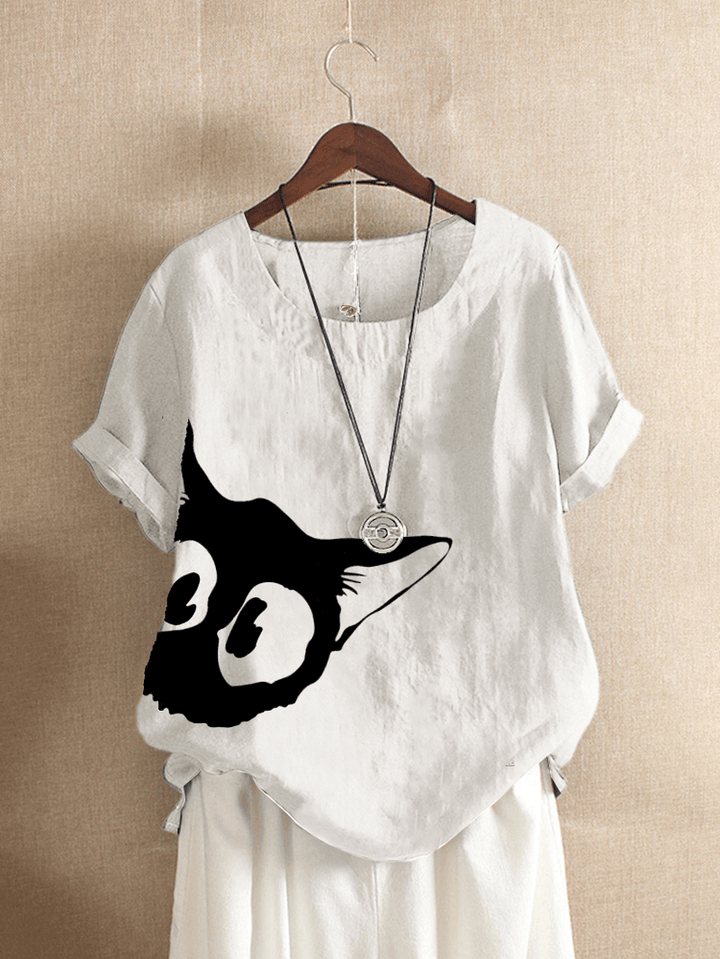 Cartoon Cat Printed O-Neck Short Sleeve Women Casual T-Shirts