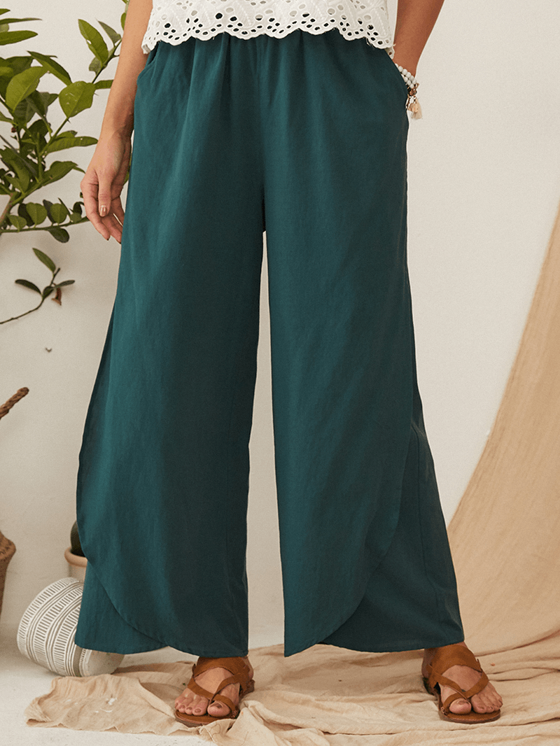 Casual Loose Elastic Waist Pocket Wide Leg Solid Pants for Women