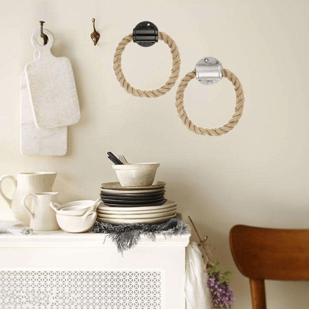 Hemp Rope Towel Hanger Ring Rack Industrial Rustic Bathroom Wall Mounted Holder