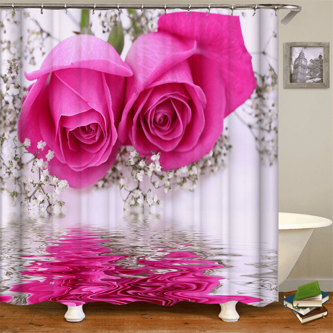 Pink Rose Waterproof Bathroom Shower Curtain Toilet Cover Bath Mat Pedestal Rug