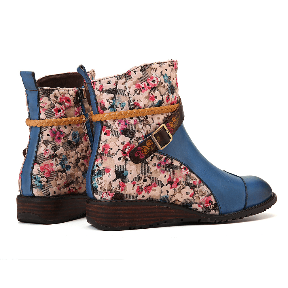 Women Retro Buckle Weaving Stitching Ankle Boots