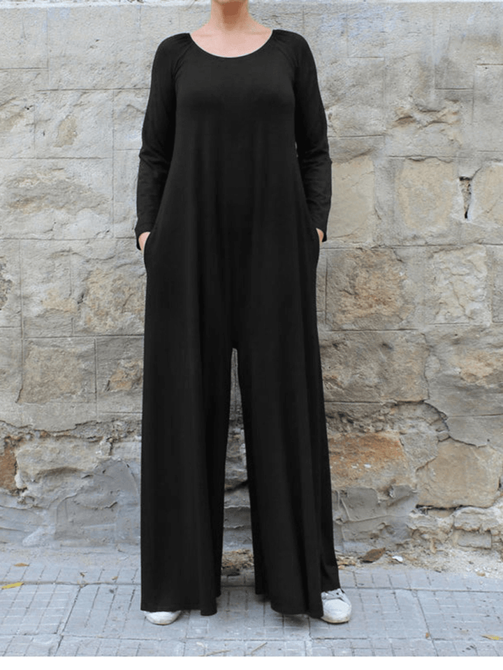 Women Solid Color round Neck Long Sleeve Wide Leg Jumpsuit with Side Pocket