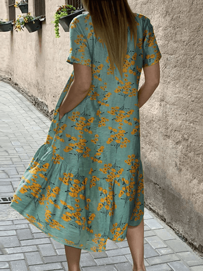 Women Flower Print High Low Hem Casual Short Sleeve Midi Dresses with Pocket