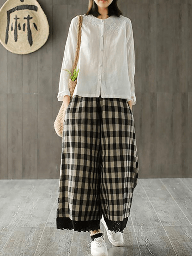 Wide Leg Women Plaid Elastic Waist Pockets Pants