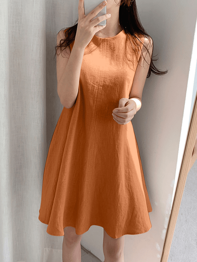 Women Cotton Solid Color round Neck Sleeveless Casual Midi Dress