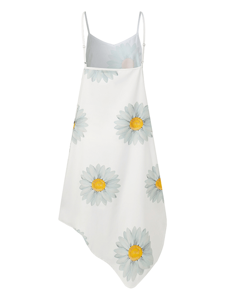 Hawaiian Style Holiday Small Daisies Print Irregular Hem V-Neck Sling Sleeveless Midi Dress