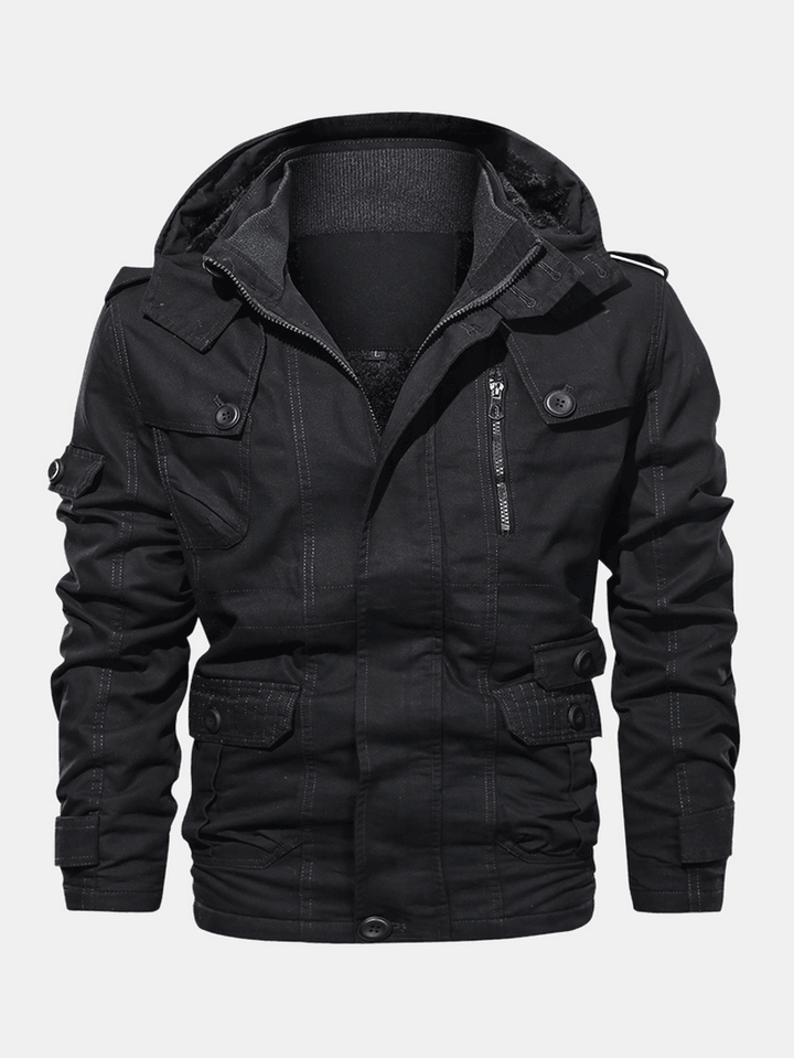 Mens Cotton Zipper through Pocket Thick Hooded Jackets