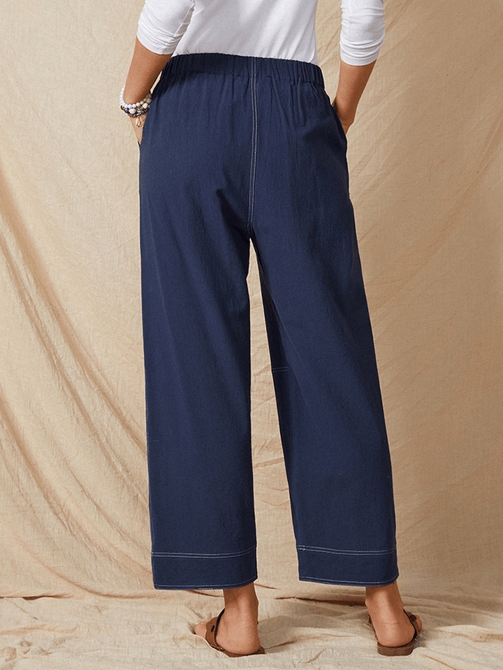 Solid Color Elastic Waist Casual Cotton Straight Leg Loose Women Pants