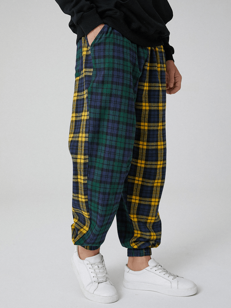 Mens 100% Cotton Contrast Plaid Patchwork Pocket Drawstring Jogger Pants