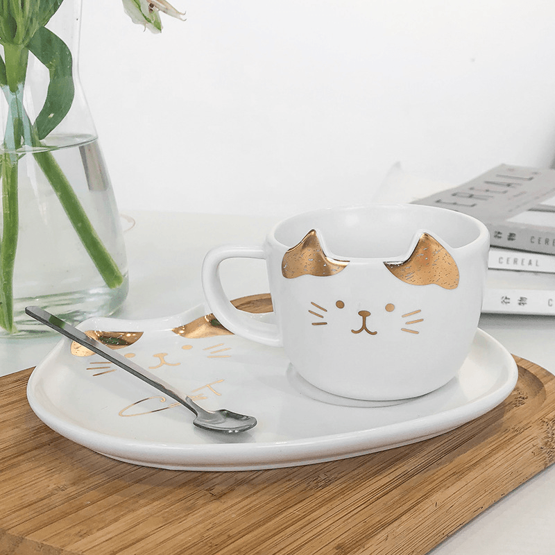 200ML Cat Gold Ceramic Coffee Cup Dish Restaurant with Dish Water Cup Office Cup Tea Cup