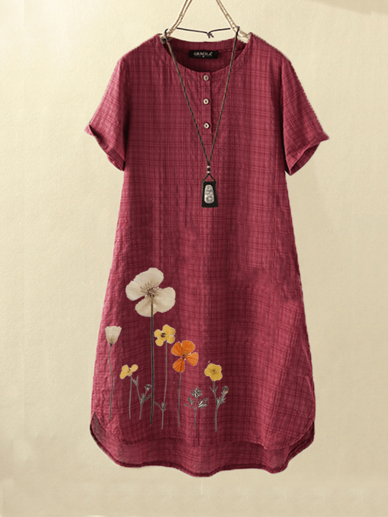 Women Flower Print High-Low Hem Short Sleeve Casual Dress