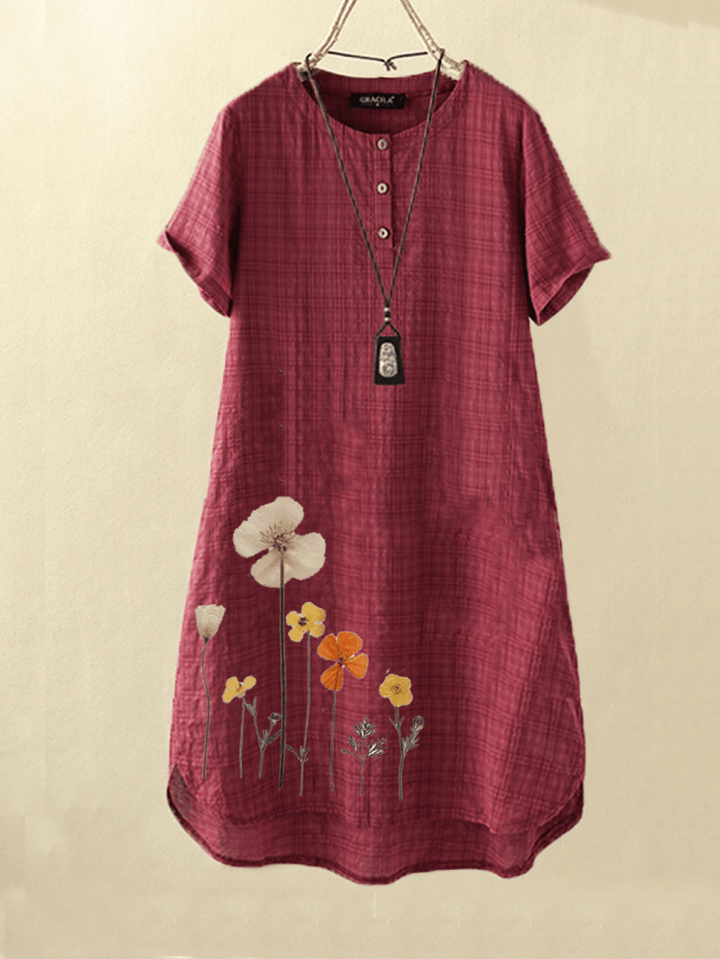 Women Flower Print High-Low Hem Short Sleeve Casual Dress