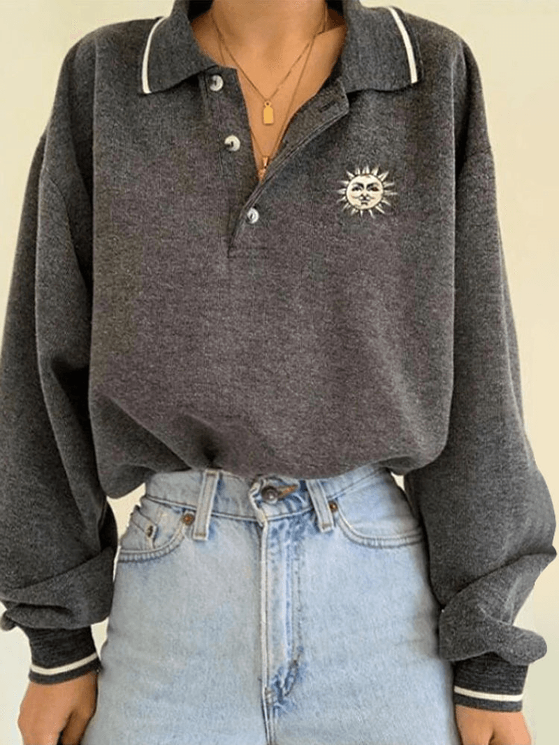 Women Funny Sun Button Lapel Casual Loose Fit Long Sleeve Sweatshirt