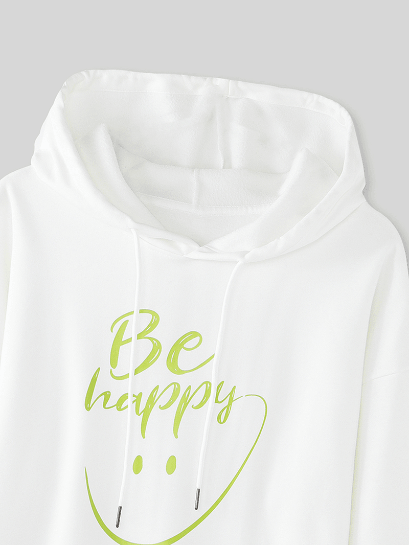 Women Smile Face Letter Print Pouch Pocket Casual Long Sleeve Hoodies