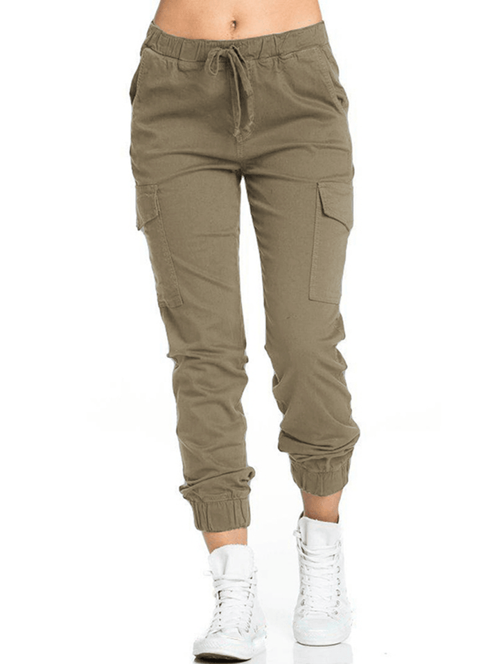 Women Casual Elastic Waist Drawstring Side Pockets Pants