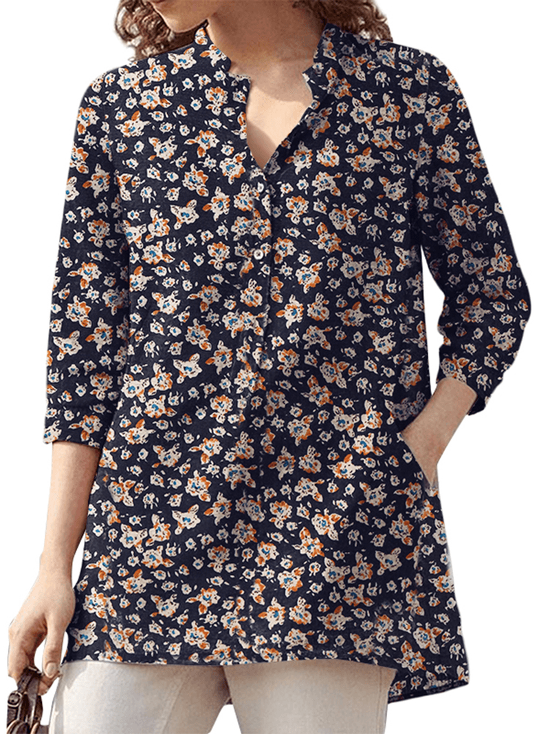 Women 100% Cotton Floral Leisure Bohemian Retro Style V-Neck Side Pockets Blouse