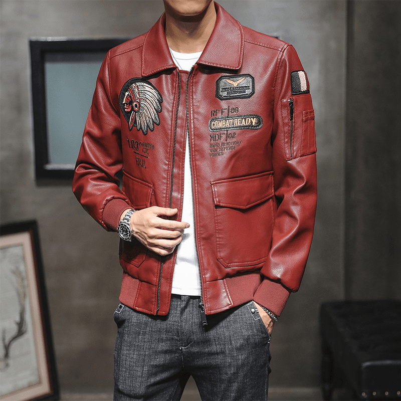 Men'S Pu Leather Jacket Men'S Lapel Embroidery Motorcycle Jacket