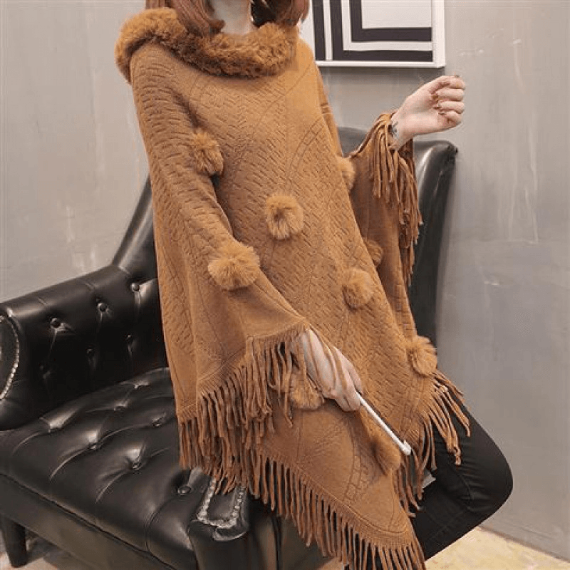 Loose Outer Wear Fur Collar Bat Shirt with Hand-Woven Tassels