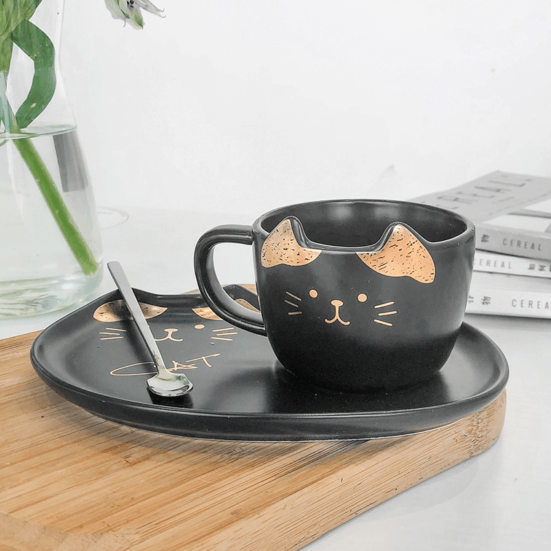 200ML Cat Gold Ceramic Coffee Cup Dish Restaurant with Dish Water Cup Office Cup Tea Cup - MRSLM