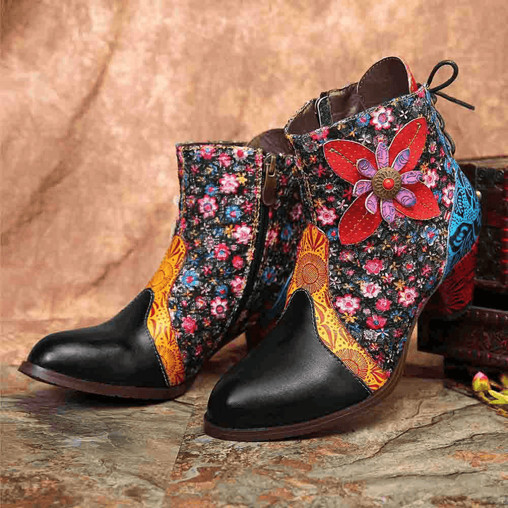 Women Retro Leaf Flower Leather Comfy Zipper Ankle Boots