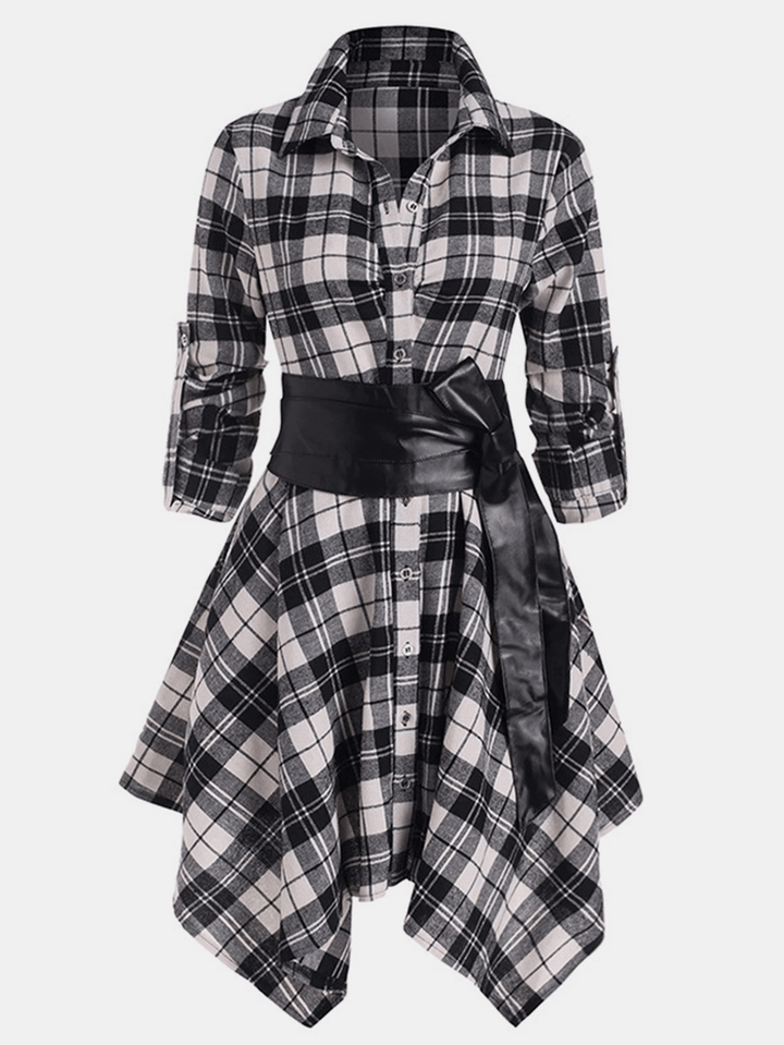 Women Classic Plaid Asymmetrical Shirt Dress with Belt