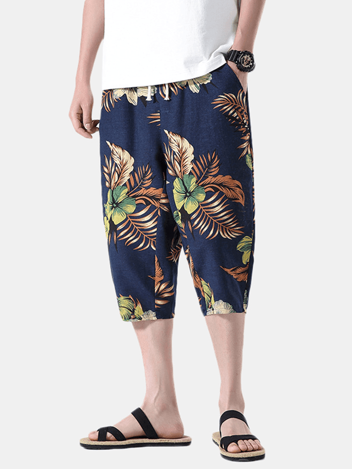 Mens Abstract Print Drawstring Ethnic Style Casual Pants with Pocket