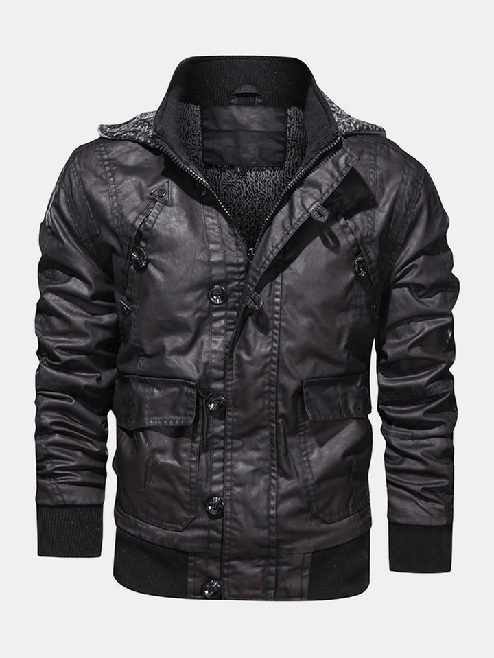 Mens Hooded Pocket PU Leather Motorcycle Jacket