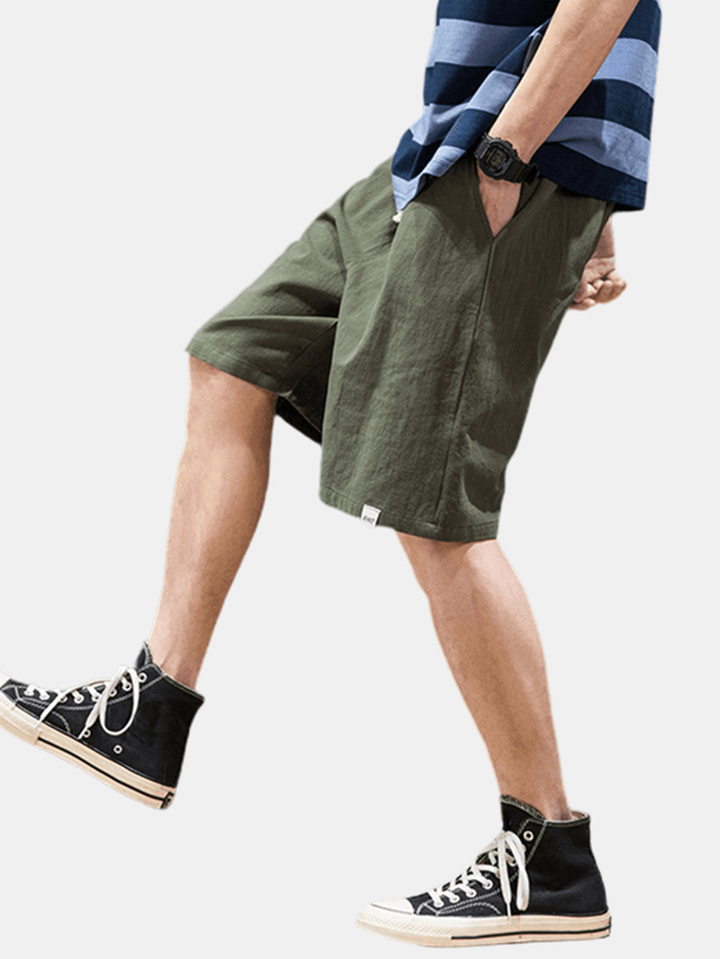 Mens Casual Flax Breathable Drawstring Solid Color Shorts