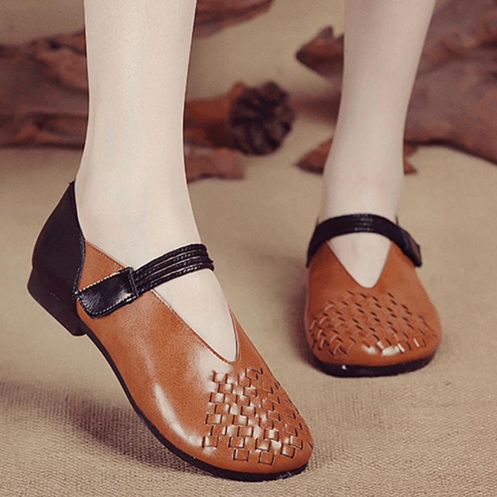 Women Genuine Leather Knitted Casual Hook Loop Flats